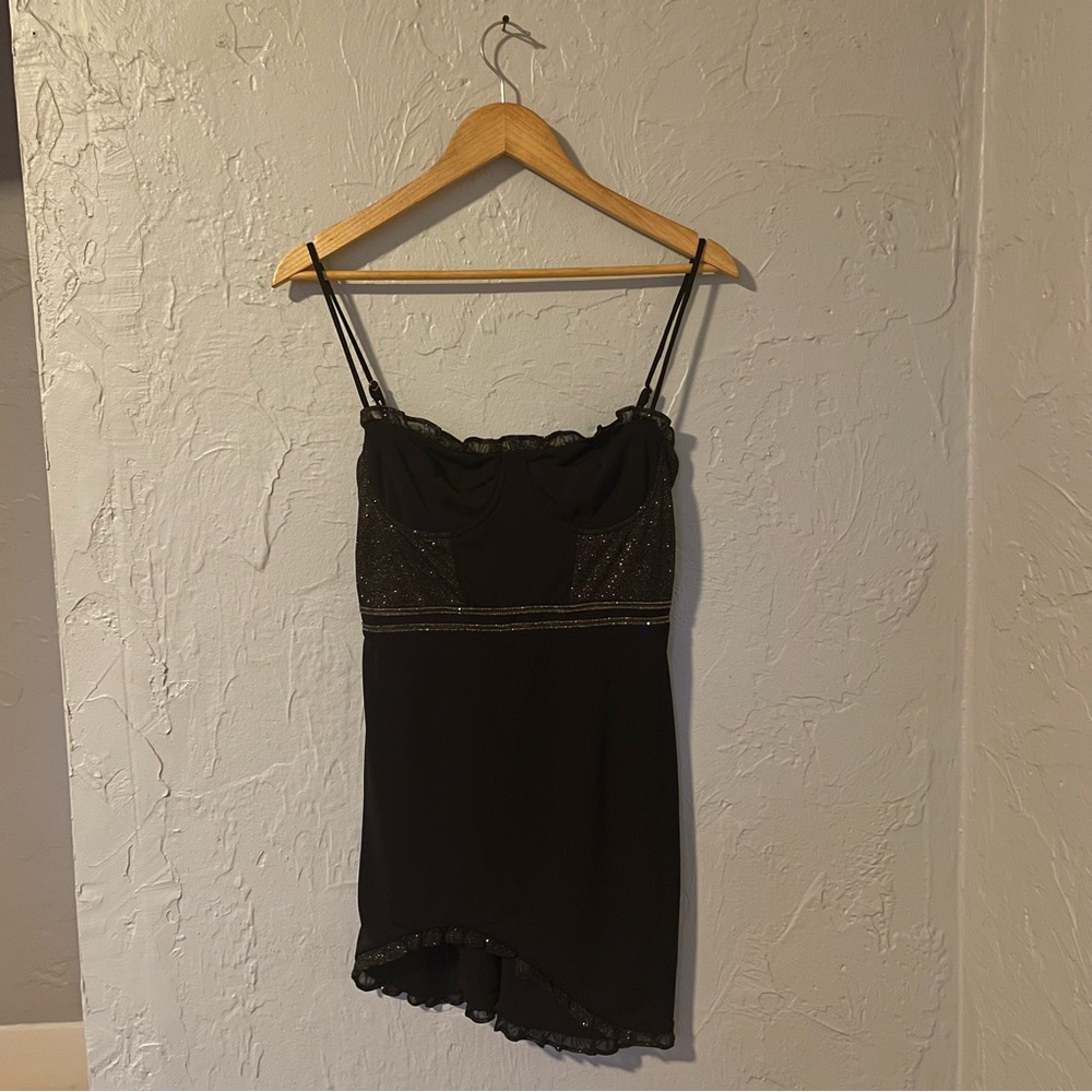 Hours Whimsigoth Black Women's Sparkly Mini Dress with Lacey trim size Small